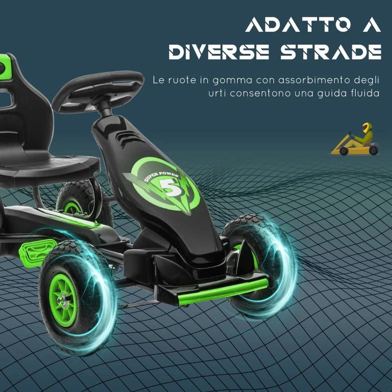 GO KART A PEDALI PER BAMBINI 5-12 ANNI CON SEDILE REGOLABILE, IN METALLO E PP 121X58X61 CM, VERDE E NERO