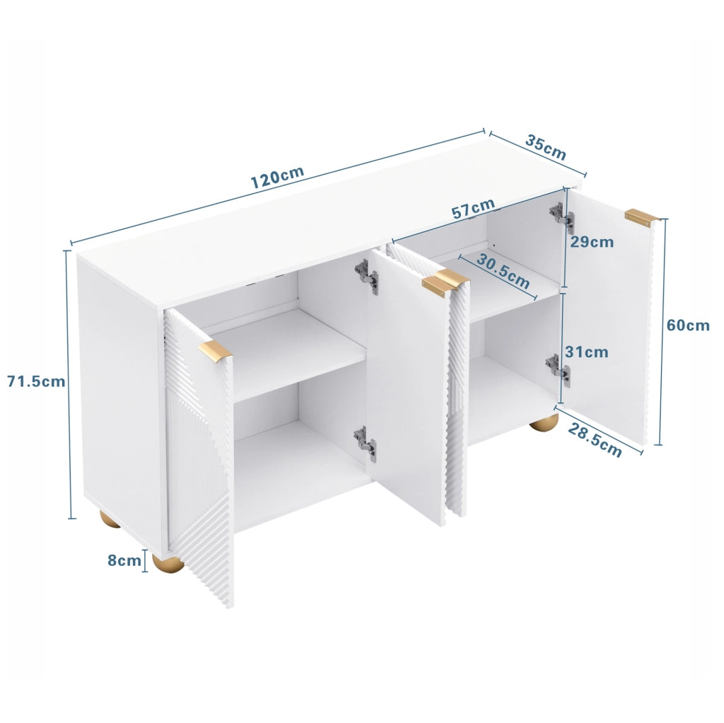 Sideboard 120x35x71.5 cm con 4 ante; ripiani regolabili e dettagli dorati; MDF bianco