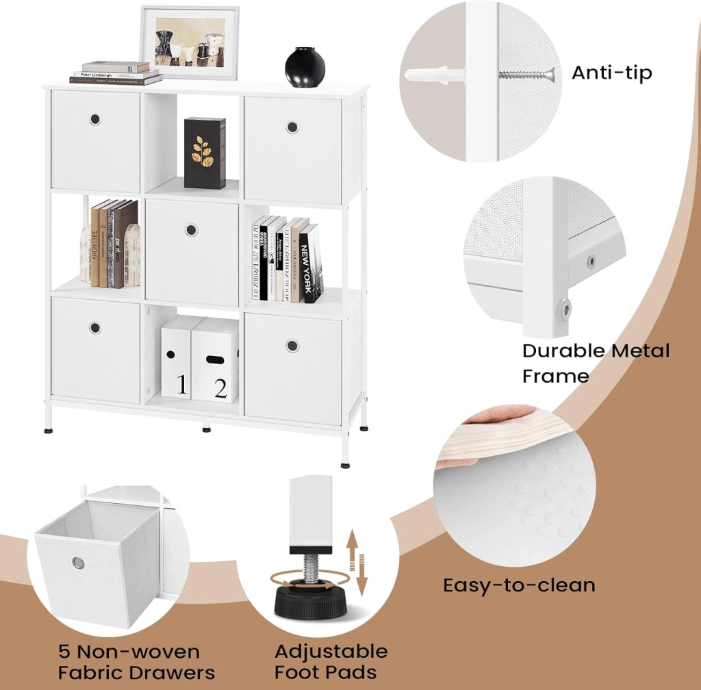 Scaffale per Libri, Scaffale con 4 Cubi Aperti e 5 Cassetti in Tessuto non Tessuto, Unità di Stoccaggio Industriale per Soggiorno/Camera da Letto/Ufficio, Legno Ingegnerizzato, RGB64ws