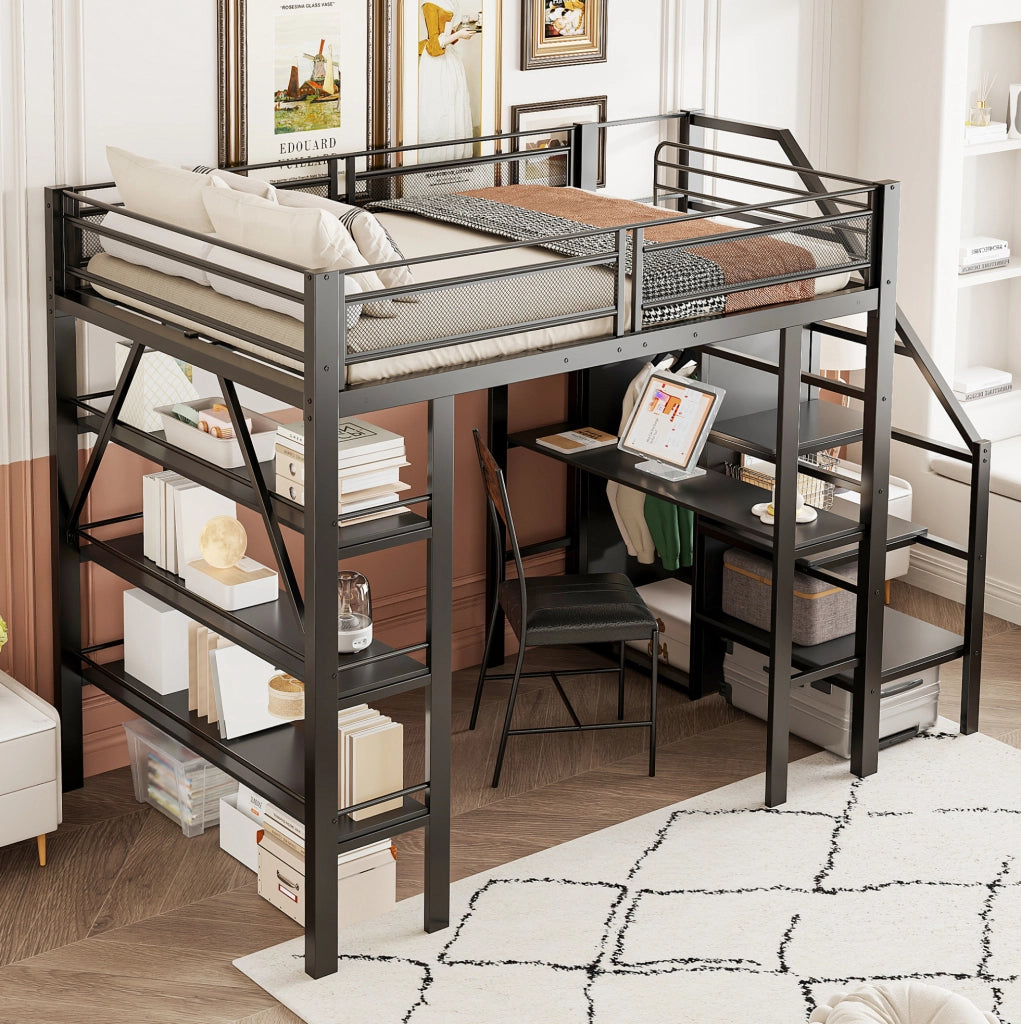 Letto alto modulare 140 x 200 cm con scrivania; armadio e scala contenitore; metallo nero