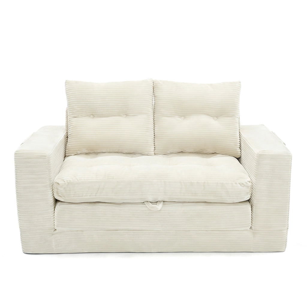 Divano letto a due posti in velluto a coste beige con tasche laterali e portabicchiere