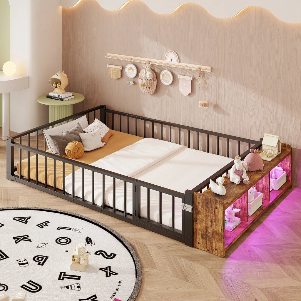 OKWISH Letto per Bambini 140 x 200 cm, Letto Singolo con Sponda, Vano a Giorno e LED, senza Materasso, Nero