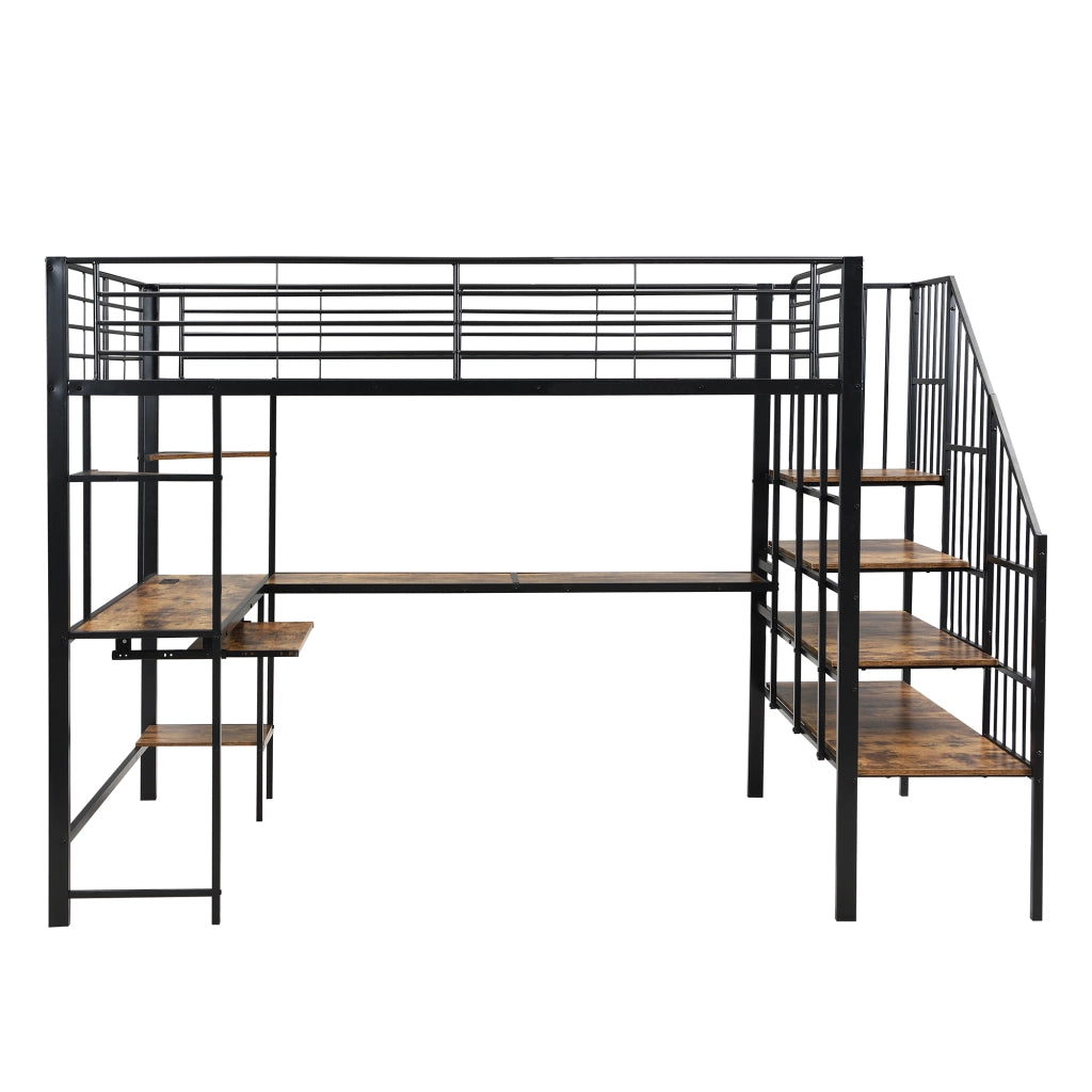Letto a Soppalco 120x200 cm - Porta di Ricarica; Scala ad Angolo e Scrivania - Nero