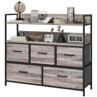 Comò 5 Cassetti in Tessuto Piegevoli e Rimovibili, con Ripiani, in Stile Industriale, 98l x 29P x 85H cm, Grigio