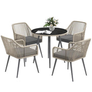 SET DA GIARDINO 5 PEZZI IN RATTAN E ACCIAIO CON 4 SEDIE DA ESTERNO E TAVOLO ROTONDO CON FORO MARRONE E GRIGIO