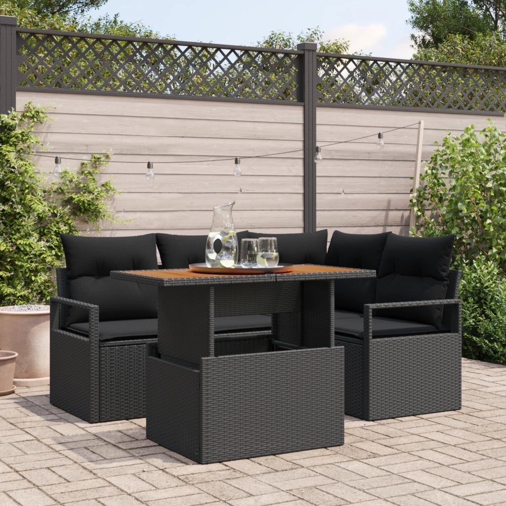 Set Divano da Giardino 5 Pezzi con Cuscini Nero Polyrattan Acacia