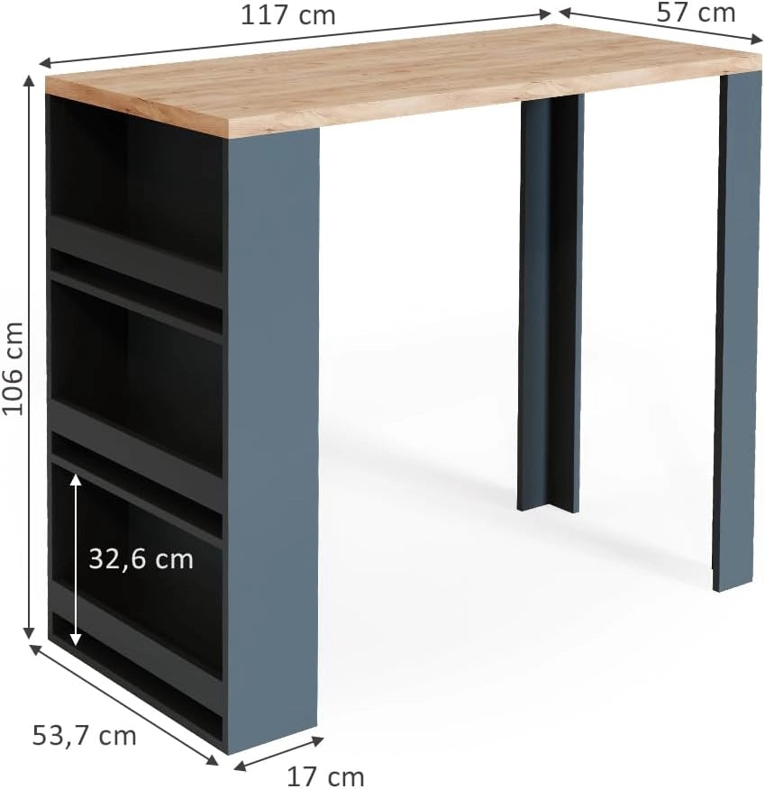 Tavolo bar alto, Rovere, 57 x 117 cm, con ripiani aperti per riporre utensili da cucina