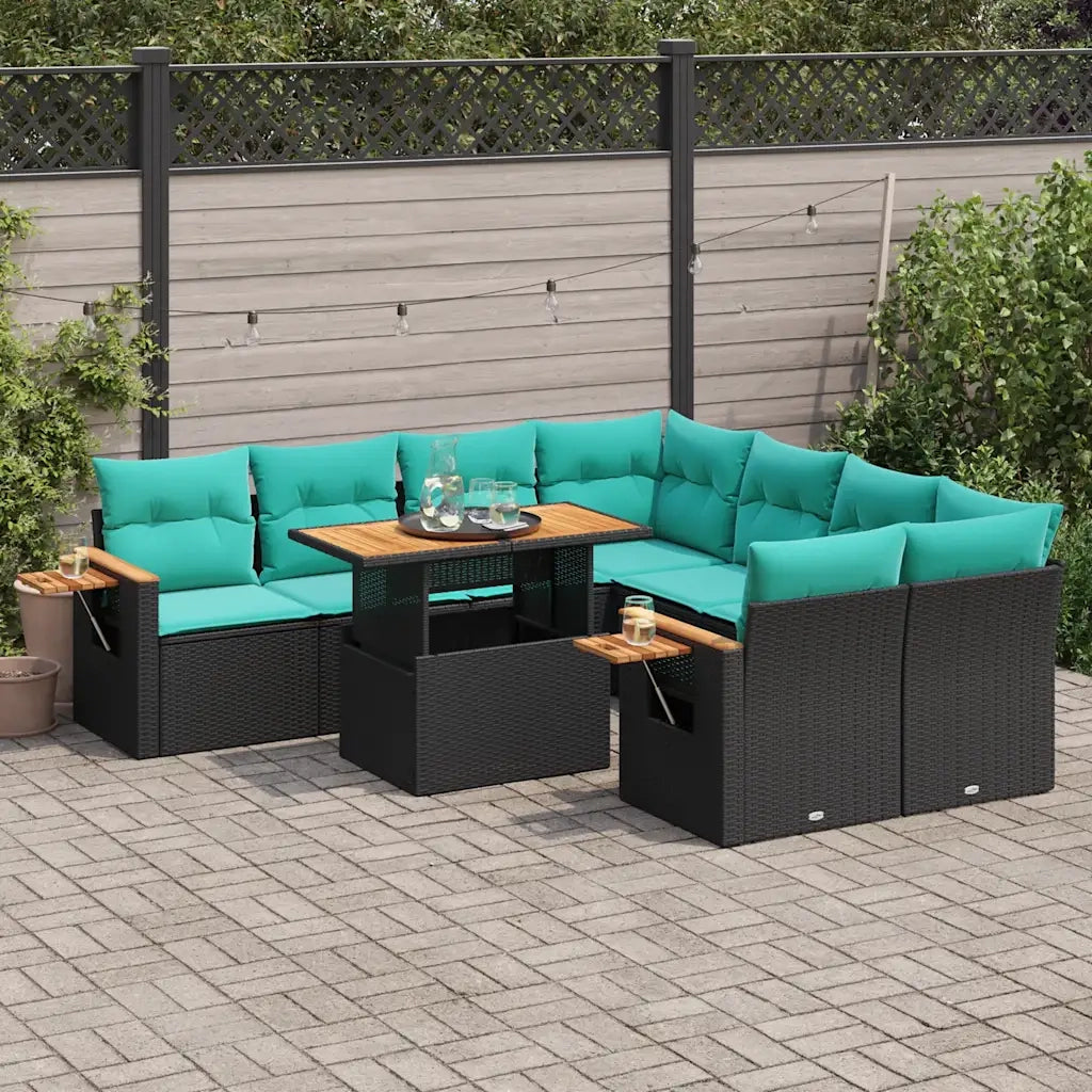 Set Divani da Giardino 9 pz con Cuscini Nero in Polyrattan