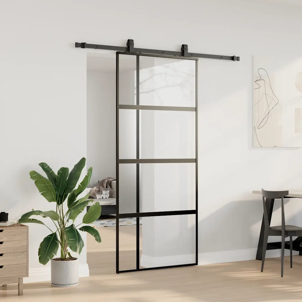 Porta Scorrevole Set Ferramenta Nera 90x205 cm Vetro Temperato