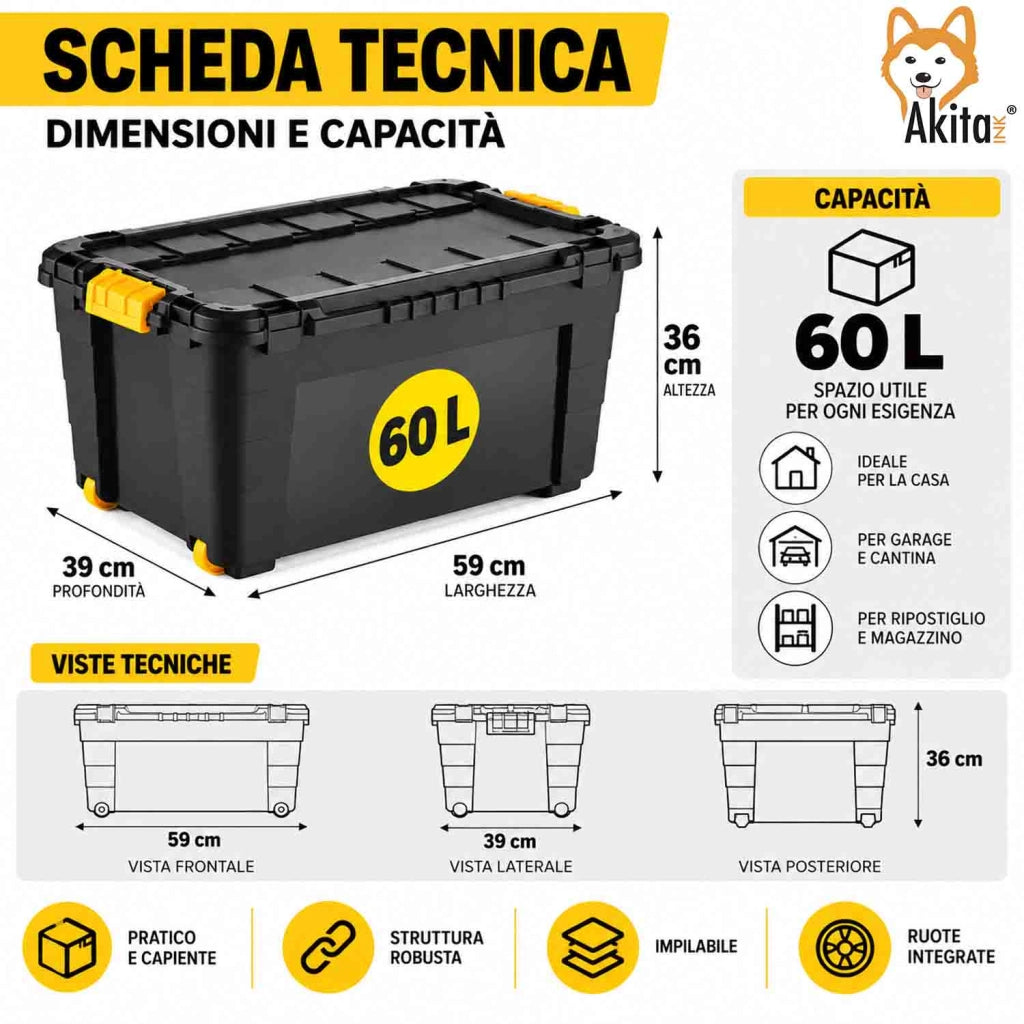 Akitaink 2 Contenitori Box 60L Magic 4UP con Ruote Neri