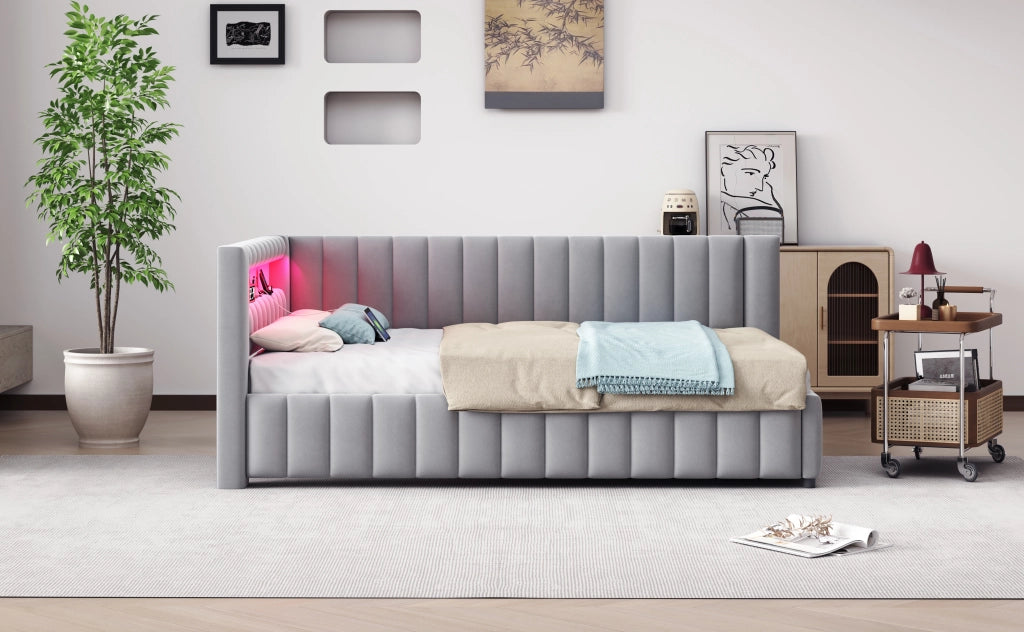 Letto divano imbottito in velluto grigio 140x200 cm