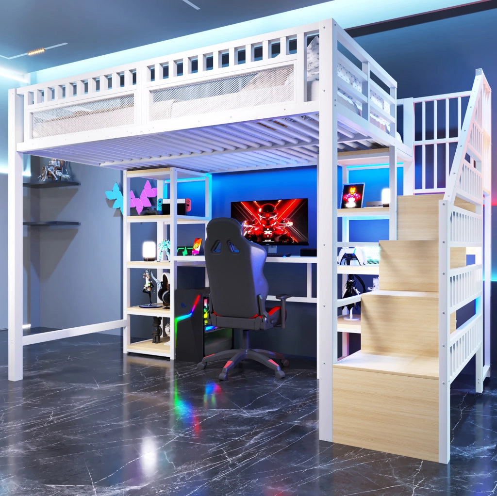 Letto a soppalco 140x200 cm con scrivania, LED e porte USB