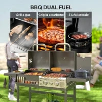 Barbecue a Carbone e Gas con 3 Bruciatori e Coperchio, Termometro, Ruote e Ripiani, Nero