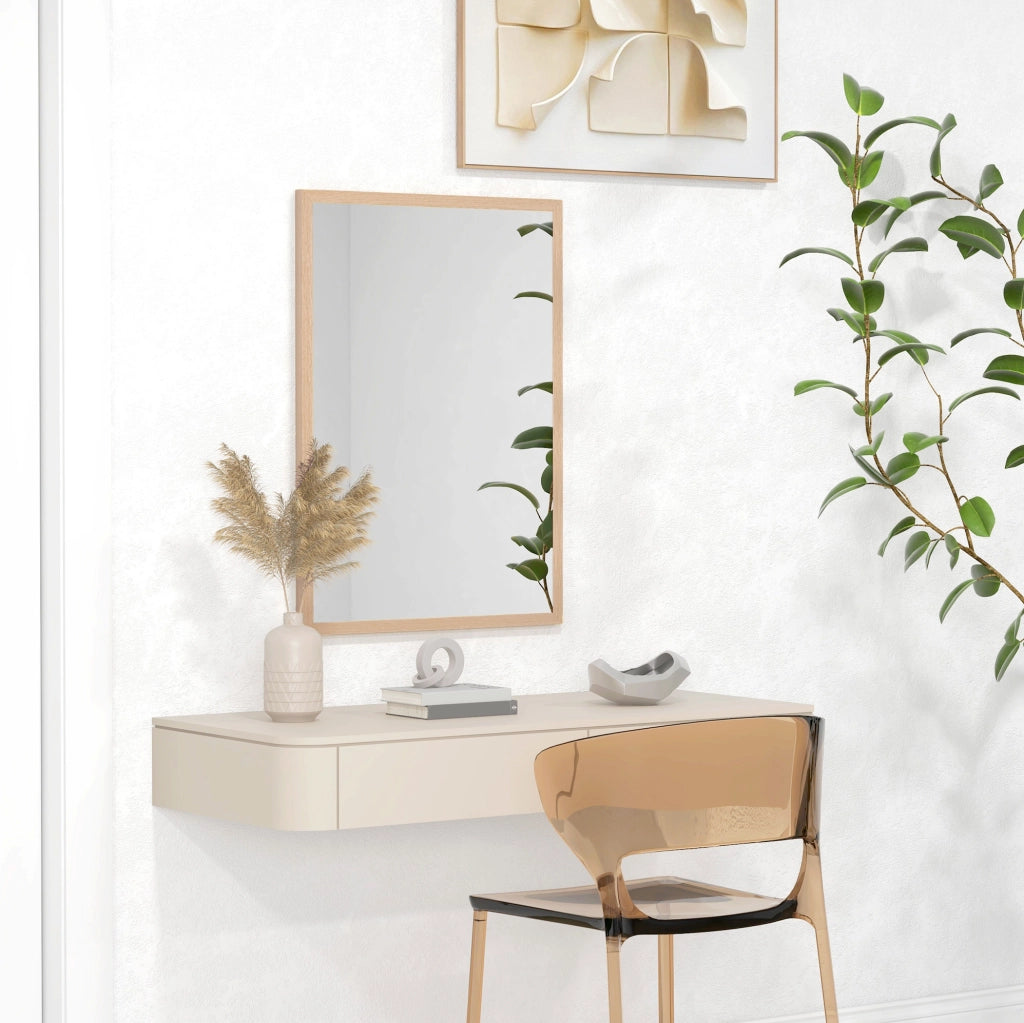Specchio da parete rettangolare con 4 ganci; telaio in MDF; naturale