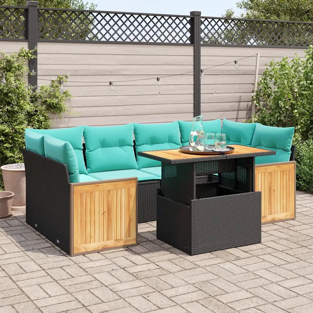 Set Divani da Giardino con Cuscini 7pz Nero Polyrattan Acacia
