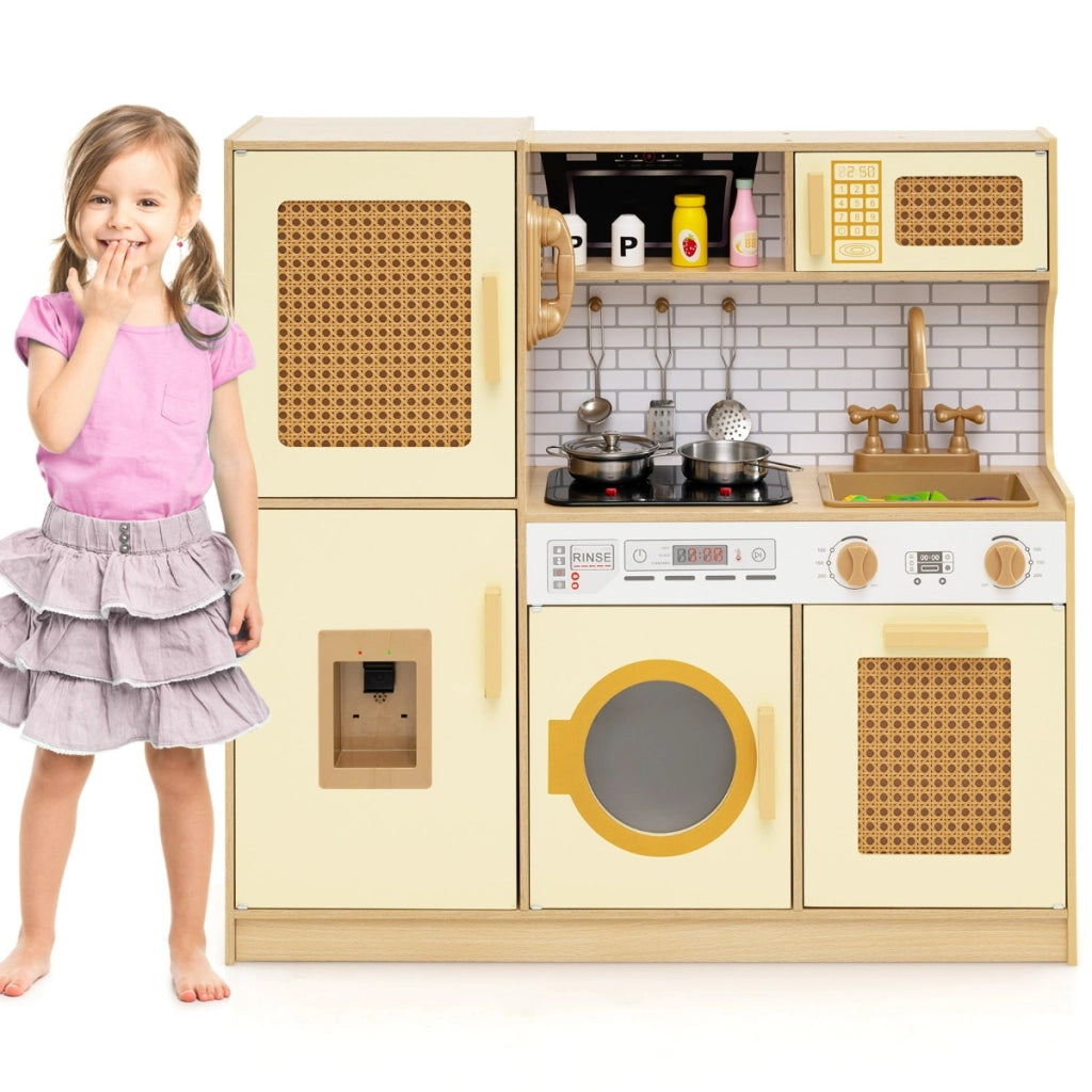 Set cucina giocattolo per bambini con accessori ricchi e ante in rattan, Cucina in legno ideale per bambini da 3+ anni Giallo