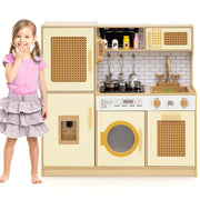 Set cucina giocattolo per bambini con accessori ricchi e ante in rattan, Cucina in legno ideale per bambini da 3+ anni Giallo