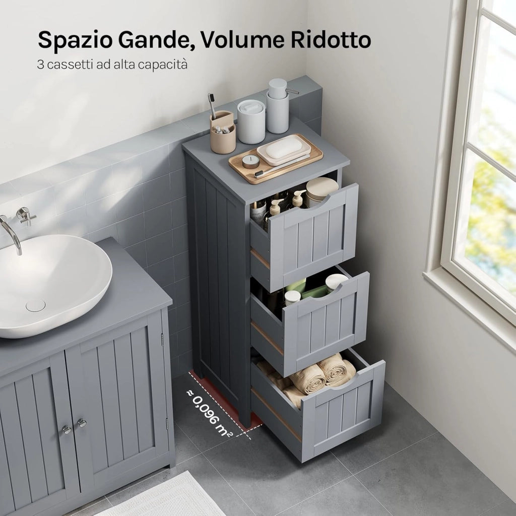 Mobile da Bagno, Mobiletto Bagno Salvaspazio, con 3 Cassetti, 32 x 30 x 81 cm, Armadio Autoportante, per Sala da Pranzo, Cucina, Stile Moderno, Grigio BZS123hgr