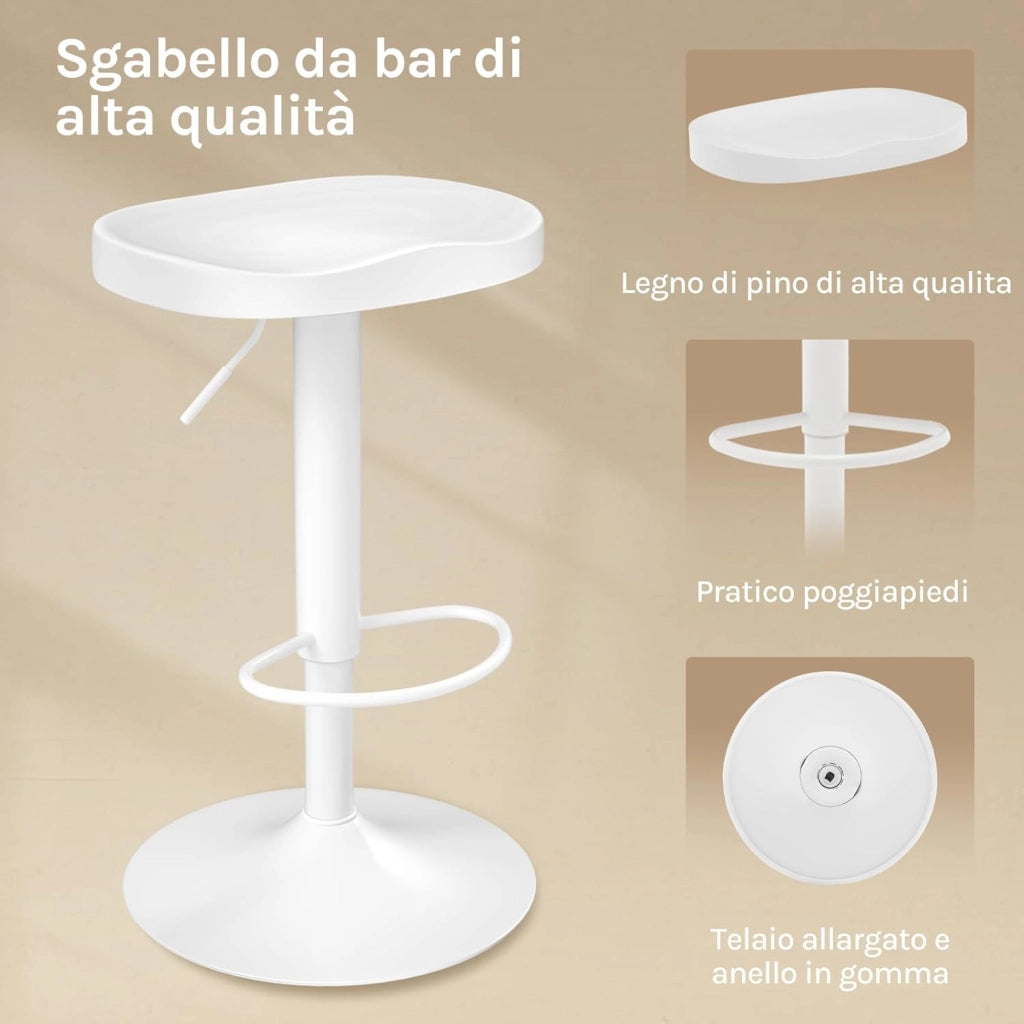 Sgabello da Cucina, Sgabello da Bar per Colazione in Legno Massiccio, Sgabello da Banco Regolabile in Altezza, Sgabello Girevole a 360° con Poggiapiedi, Bianco, BH413ws-1