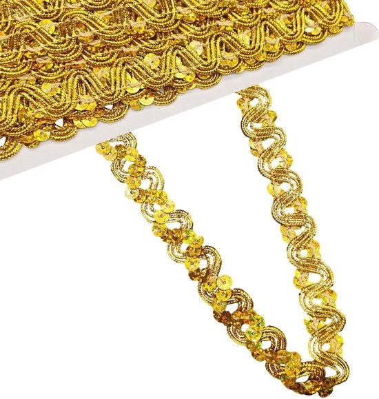 Tessuto con bordo dorato, bordo dorato con filo metallico, bordo dorato con tessuto, bordo dorato per matrimoni, feste di Natale e ricamo (12,8 m)
