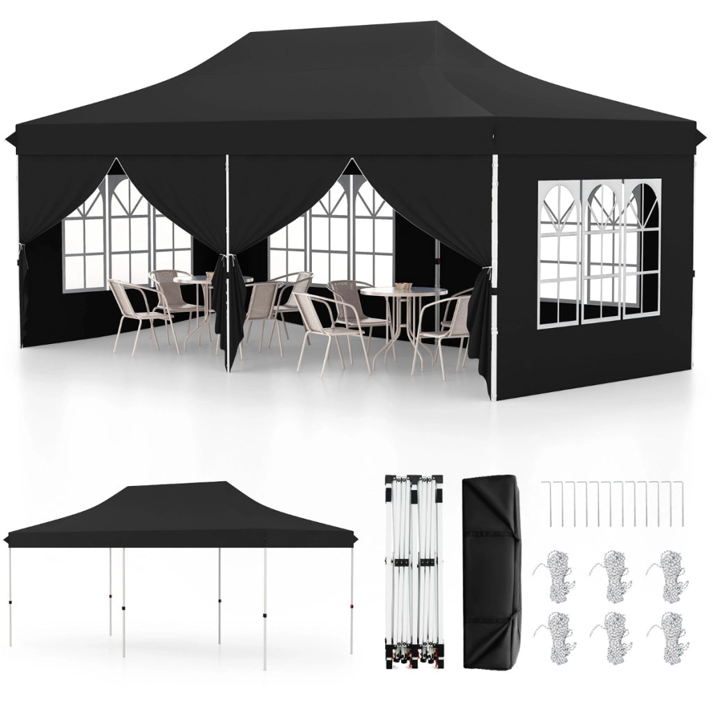 Tenda a scomparsa 3x6m con 6 pareti laterali rimovibili borsa da trasporto, Tenda gazebo pieghevole per feste Nero-Gazebo