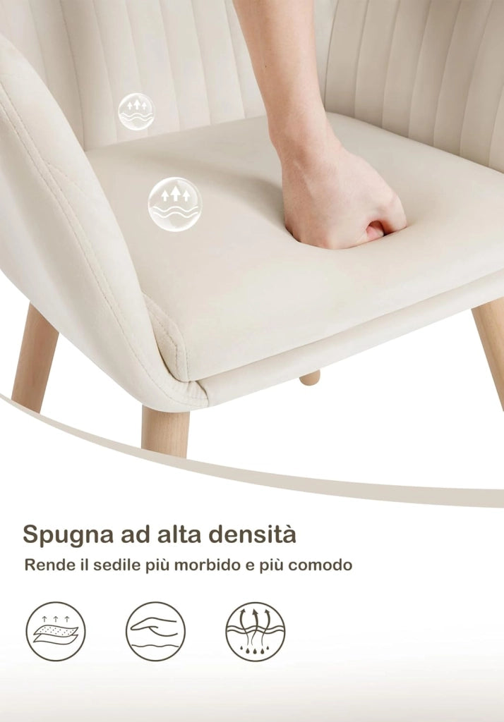 1Pz Sedia da Pranzo Poltroncina per Sala D'attesa Cucina Poltrona con Schienale Braccioli Tessuto in Velluto Gambe di Legno Crema BH95cm-1