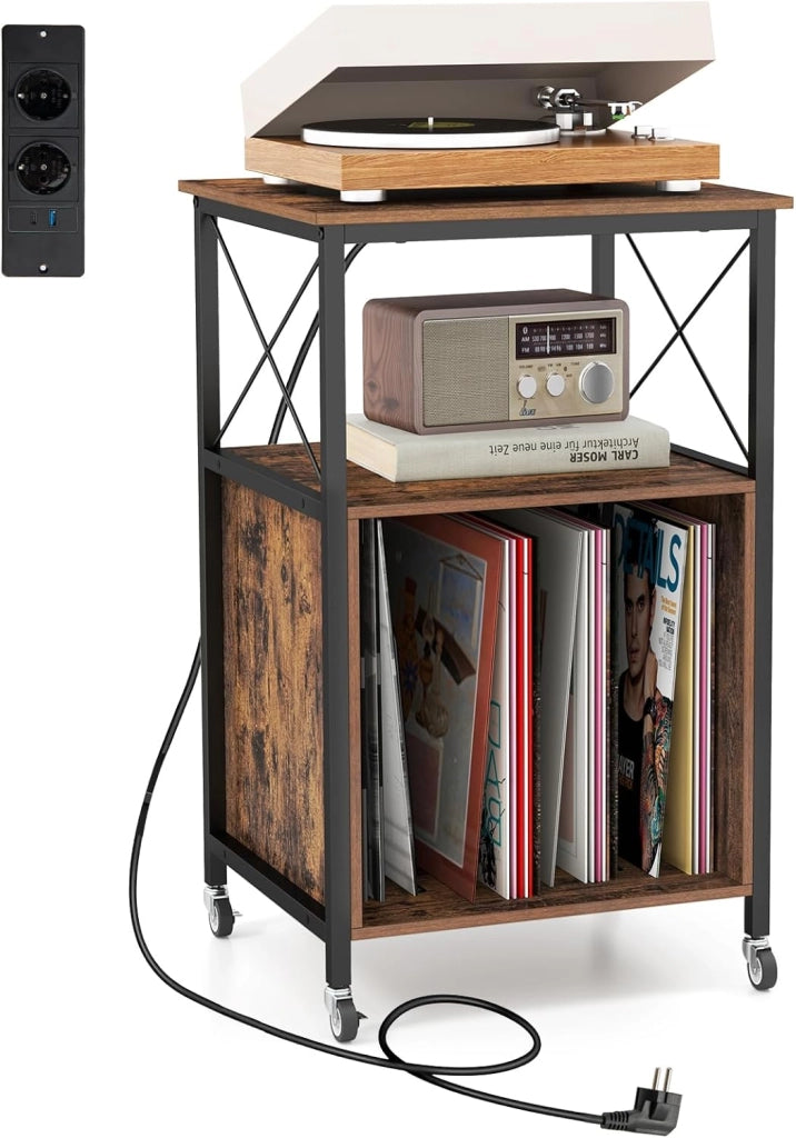 Supporto per giradischi, con stazione di ricarica, ripiano a 3 livelli con spazio di archiviazione, vassoio per giradischi, ripiano con ruote, ripiano per giradischi in vinile