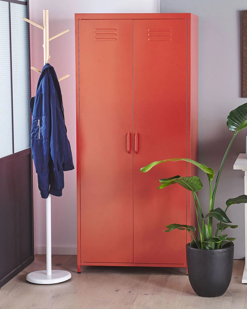 Armadio Portaoggetti Home Office Acciaio Rosso 2 Ante 4 Ripiani Design Industriale