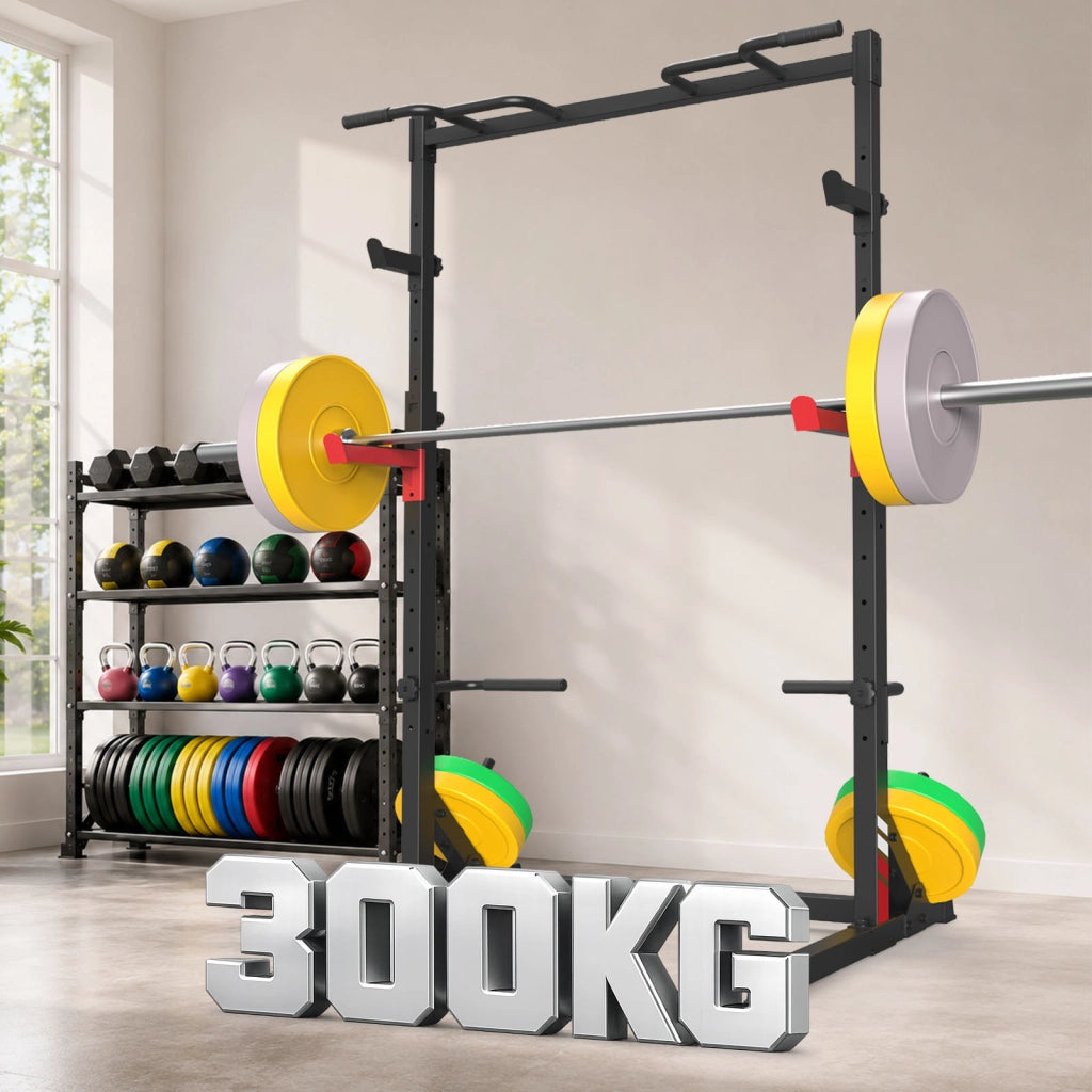 Squat Rack Multifunzione All-in-One e Supporto per Bilanciere con Barre di Sicurezza Antiscivolo, Carico Massimo 300 kg