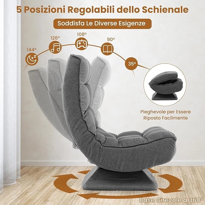 Chaise longue da Pavimento Pieghevole, Sedia da Gioco da Pavimento con Schienale Regolabile in 5 Posizioni, Divano Reclinabile da Interno (Grigio)