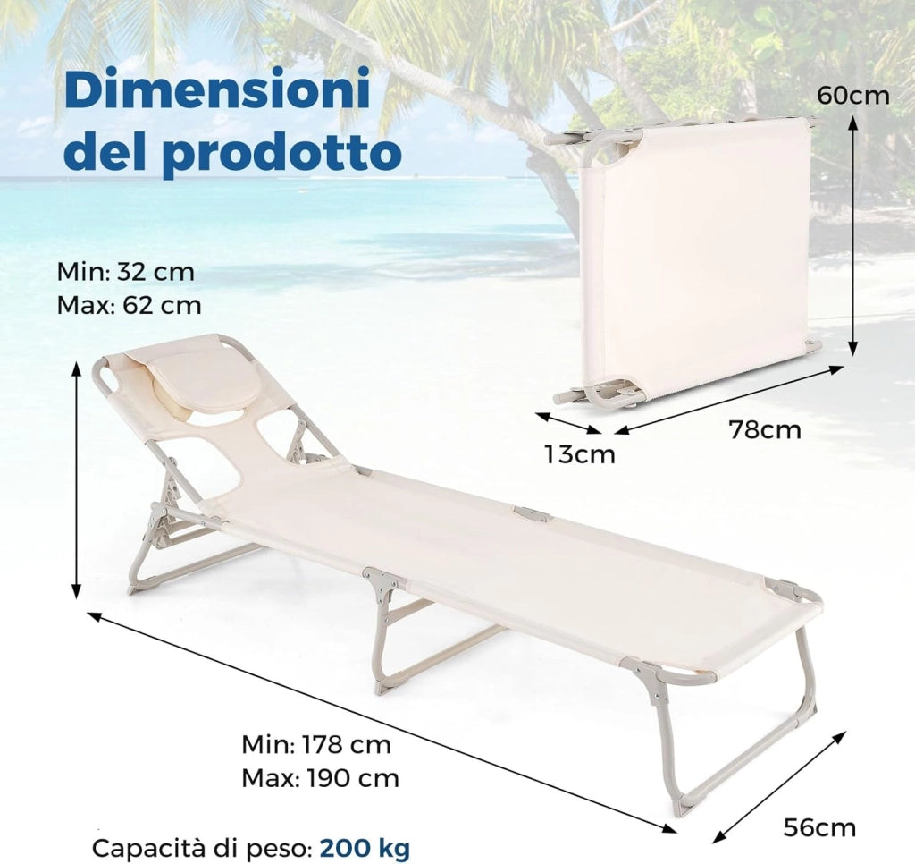Lettino Prendisole con Fori per Viso e Braccia, Sdraio da Spiaggia Pieghevole con Schienale e Poggiapiedi Regolabili, Chaise Lounge per Esterni per Campeggio, Portata 200 kg, Beige