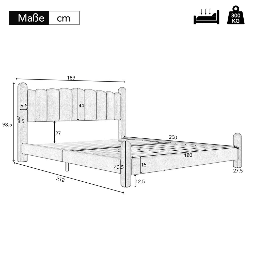 Letto imbottito con testiera e rete a doghe ¨C Minimal ¨C Beige velluto 180x200cm