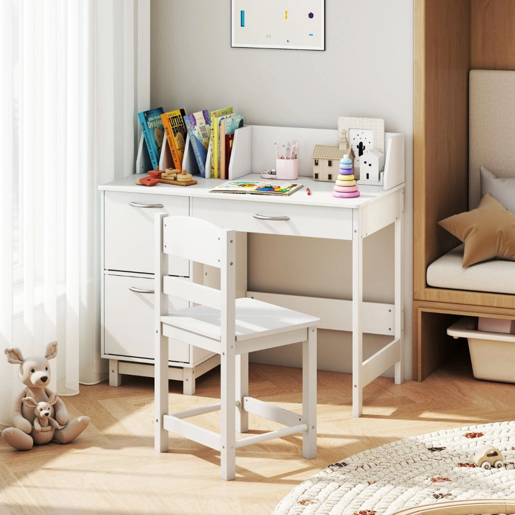 Postazione di lavoro per studenti in legno con divisori per libri, Scrivania per bambini con sedia per bambini 3+ anni Bianco-Tavoli e sedie