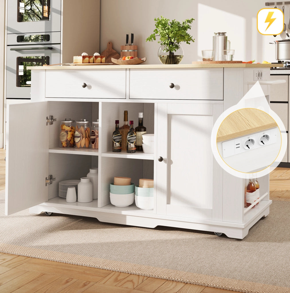 Isola cucina mobile con prese, piano pieghevole e 2 cassetti