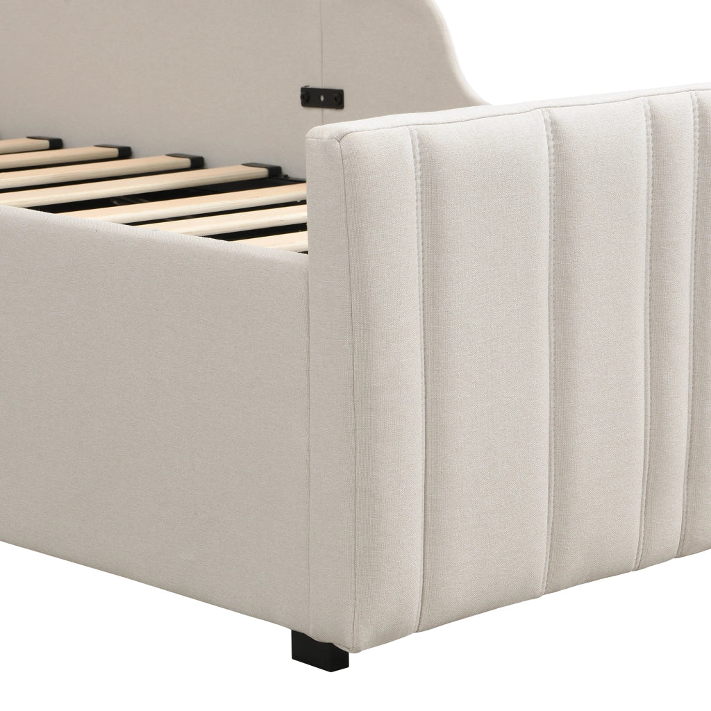 Letto per bambini 90 x 200 cm, con contenitore, testiera imbottita, tessuto di lino, beige