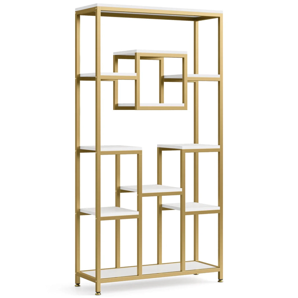 LIBRERIA Geometrica 11 ripiani aperti in metallo e legno oro e bianco