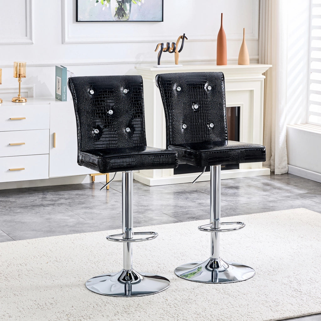Sgabello da bar vintage con design effetto coccodrillo e dettagli cristallo, seduta comoda impermeabile in PVC nero