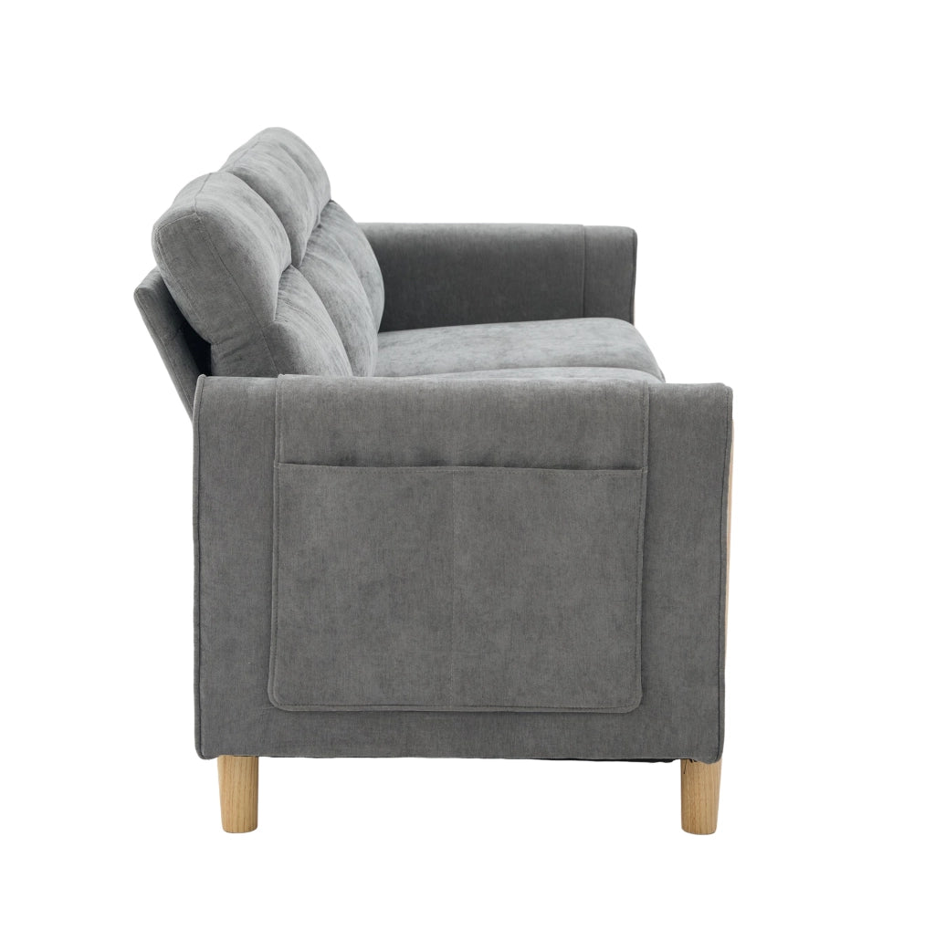 Divano angolare modulare a 3 posti con pouf contenitore; 201x77x86 cm; chenille grigio chiaro