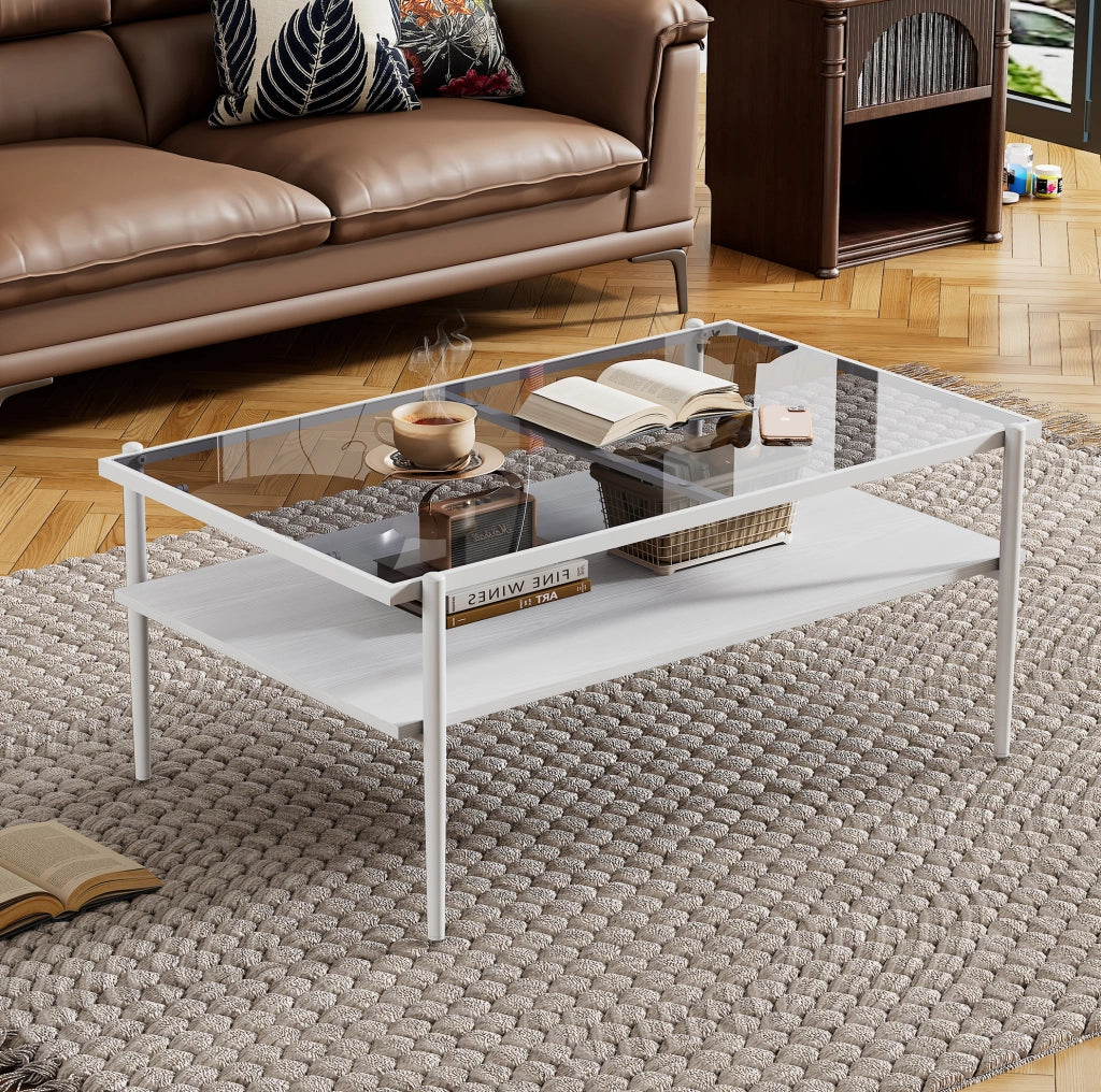 Tavolino da salotto moderno in vetro temperato con struttura MDF e gambe in ferro