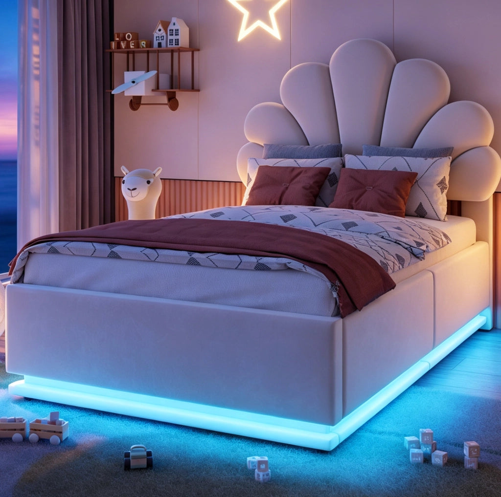 Letto imbottito 90x200 cm in velluto beige con testiera a fiore; contenitore e LED