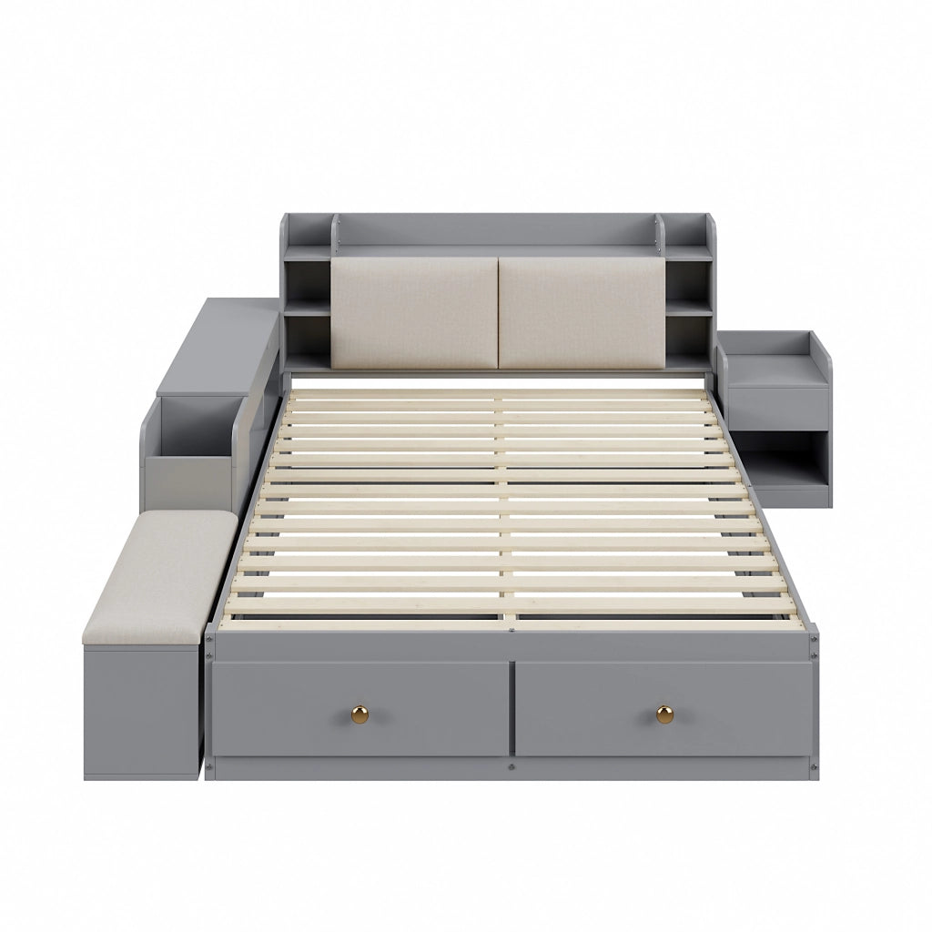 Letto Combinato Letto Matrimoniale 140x200 cm; Contenitore; Cassetti; Testiera Imbottita; Grigio