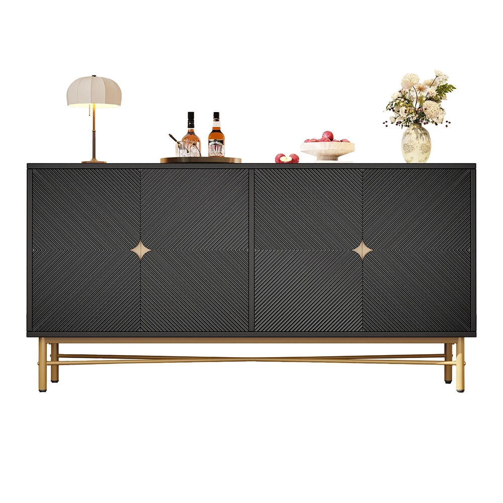 Credenza 160cm Texturizzata - Xylo - 4 Ante con Maniglie Oro, Colore Nero