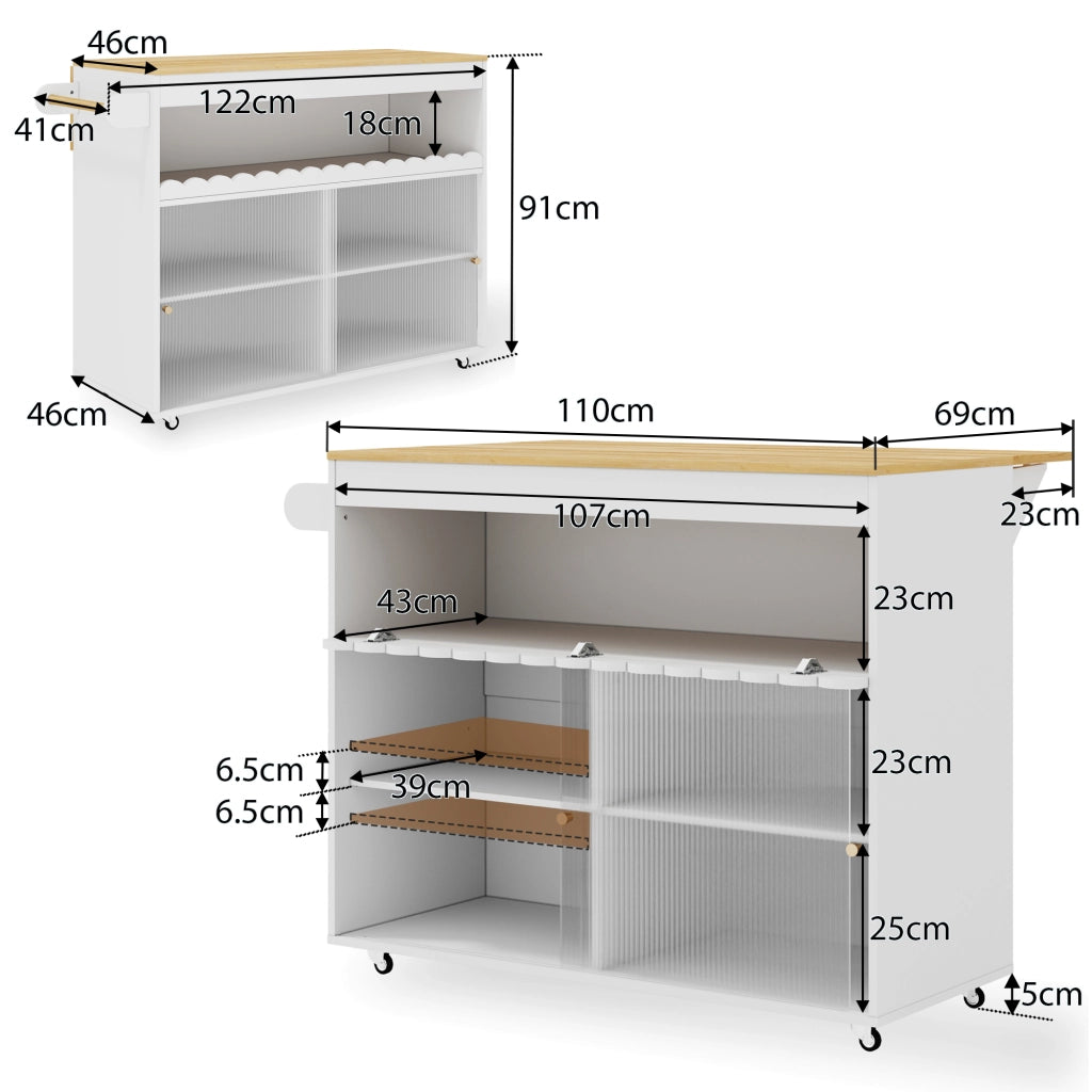 Carrello isola cucina pieghevole 122x46/69x91 cm bianco e naturale con ripiani regolabili e ruote
