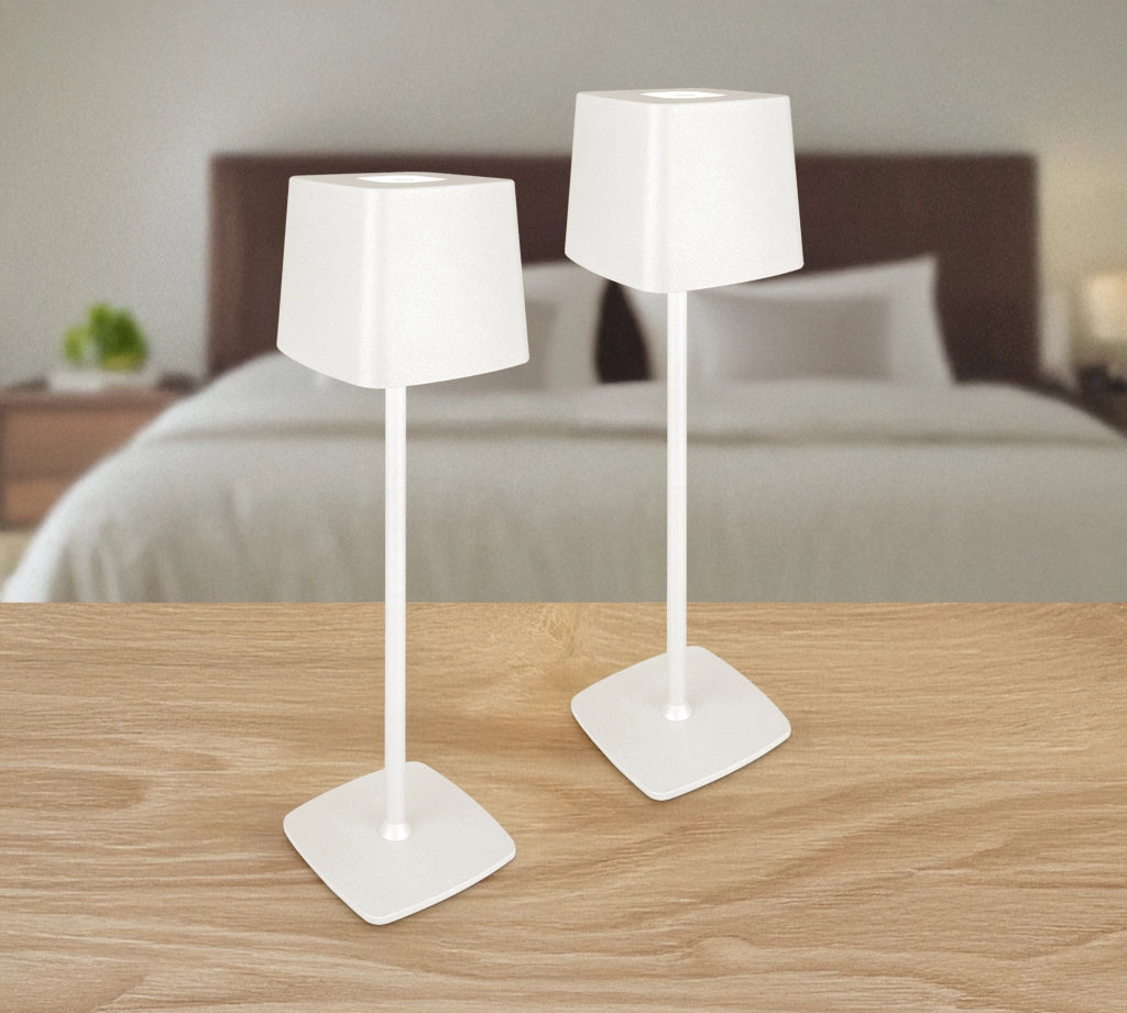 Coppia Di Lampada Da Tavolo LED Set 2 Pezzi Design Moderno Senza Fili Ricaricabile Controllo Touch Selezione Colore Intensità Dimmerabile Altezza Regolabile Con Adattatore Per Bottiglia 3000/4500/600K  2Pz-Quadrata-Bianco