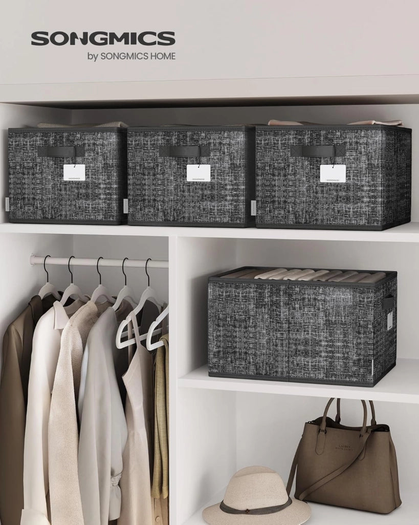 SONGMICS Scatole portaoggetti ROB440B01: Organizzatori di spogliatoio pieghevoli in tessuto non tessuto e PP, 3 unità da 40 x 30 x 24 cm, 29 litri, Nero Inchiostro