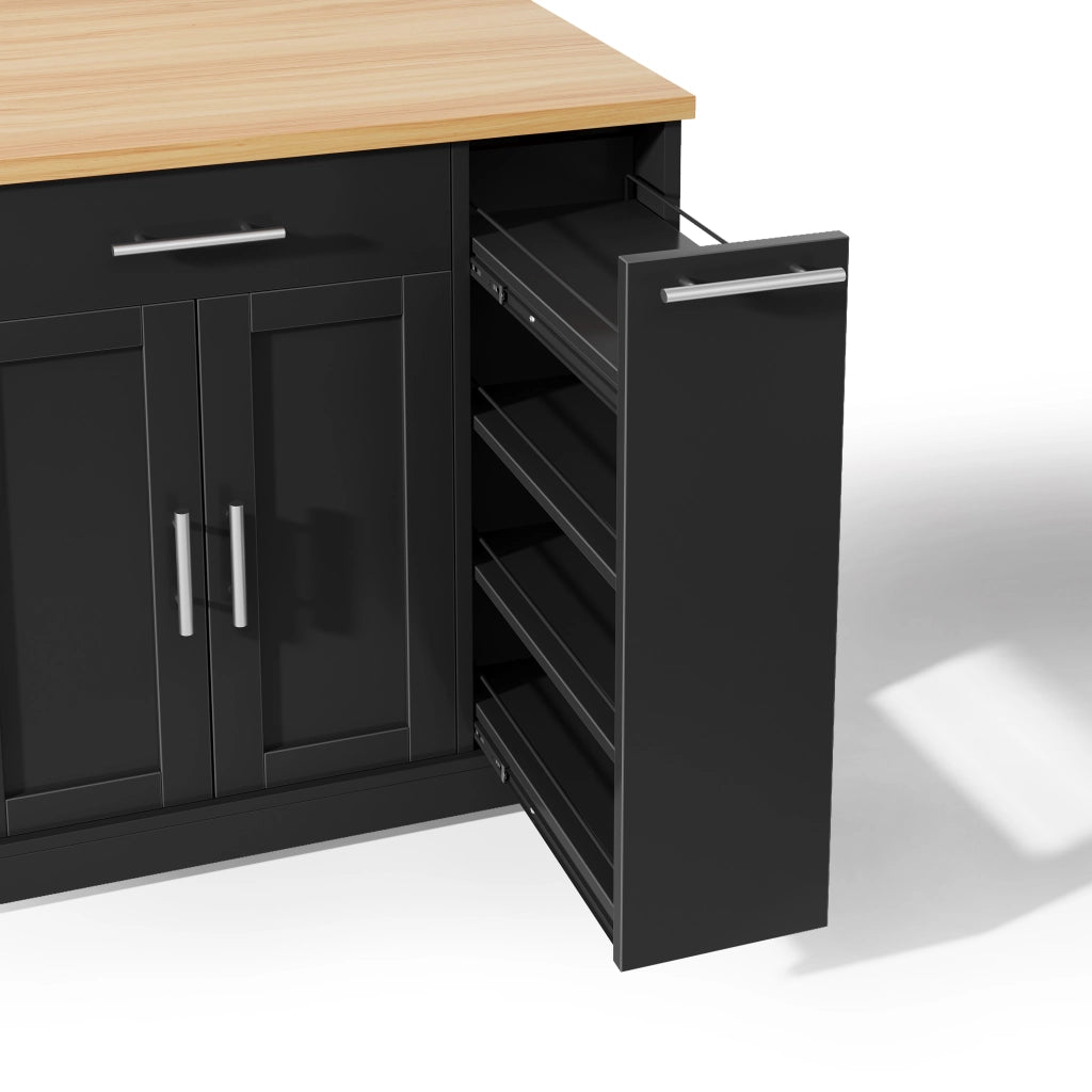 Isola da cucina, piano ribaltabile, scaffale a 4 ripiani per condimenti, 2 cassetti, ruote con freno, colore nero e naturale
