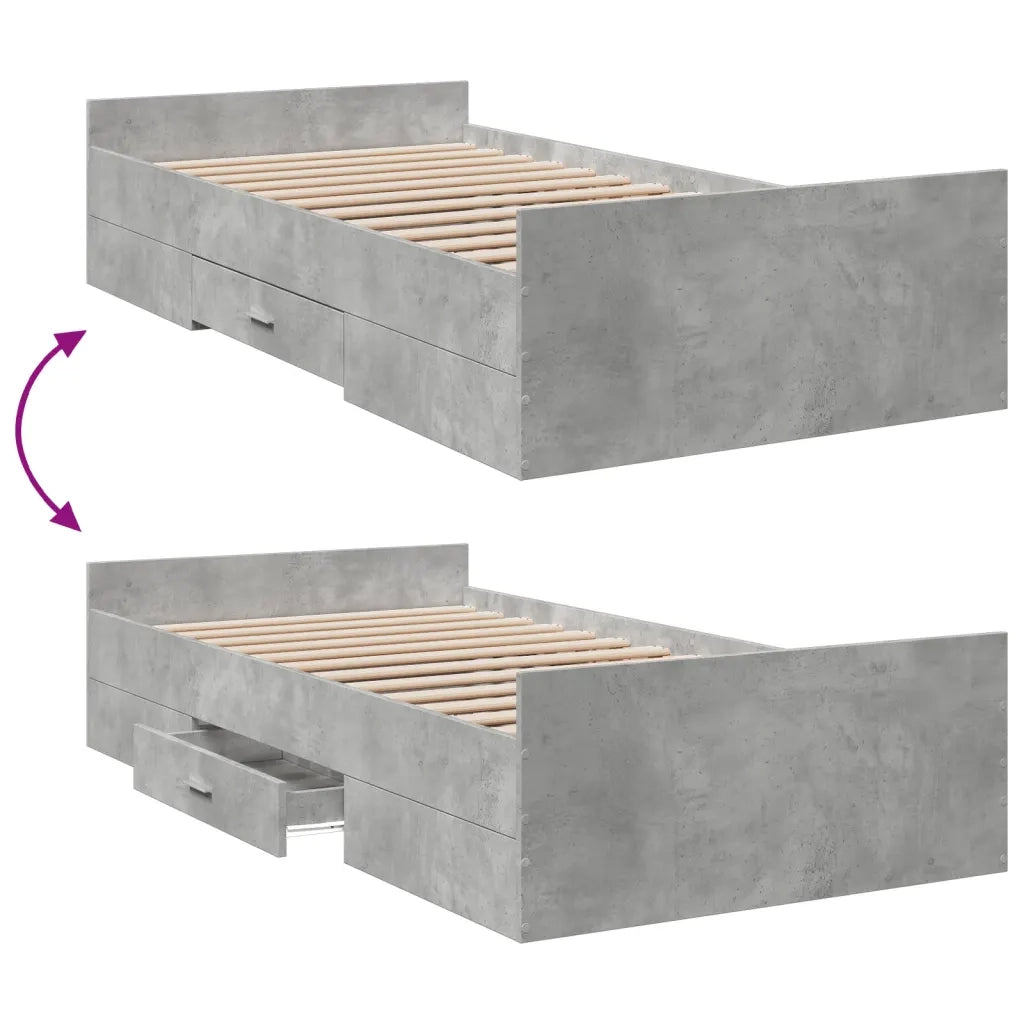 Letto singolo | Letto per adulti | Giroletto Cassetti Grigio Cemento 75x190 cm Legno Multistrato