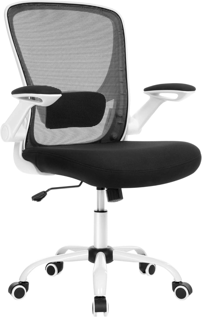 SONGMICS Sedia da Ufficio Girevole, Sedia di Rete da Computer Ergonomica, Supporto Lombare, Oscillante, Seduta 53 cm, Braccioli Pieghevoli, Bianco e Nero OBN37WT