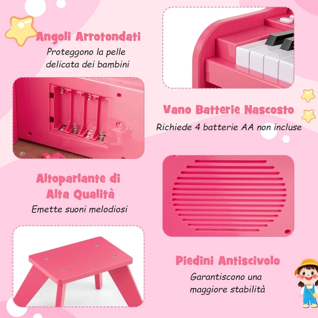 Pianoforte Digitale Bambini a 25 Tasti con Luci, Pianola Elettrica con 6 Toni, 15 Demo e 8 Percussioni, Set Tastiera Musicale con Sgabello e Leggio Rimovibile, per Bambini 3+ Anni (Rosa)