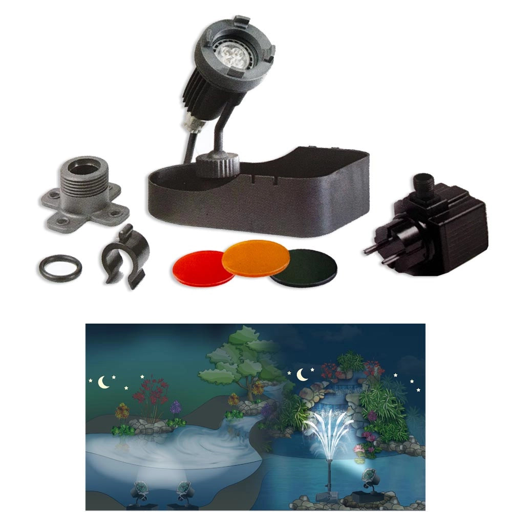 Multipack per laghetto pompa syncra pond 1.5 1350 litri/h + faretto halley a led sommergibile